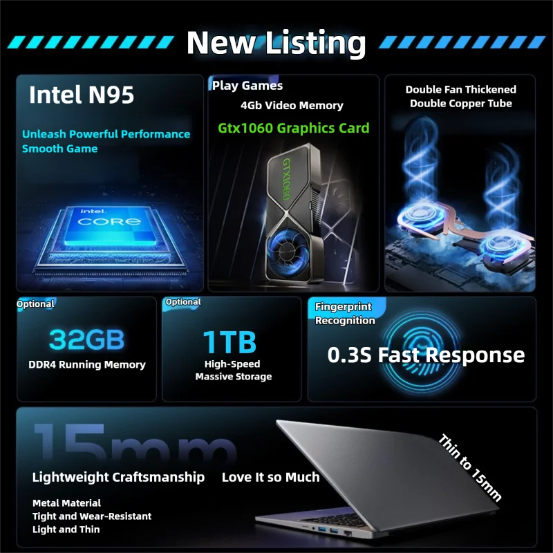 15,6 "intel N95 gtx1060 portátiles para juegos ordenador portátil pc 32GB DDR4 1TB NVMe portátil Gamer Windows11 teclado retroiluminado