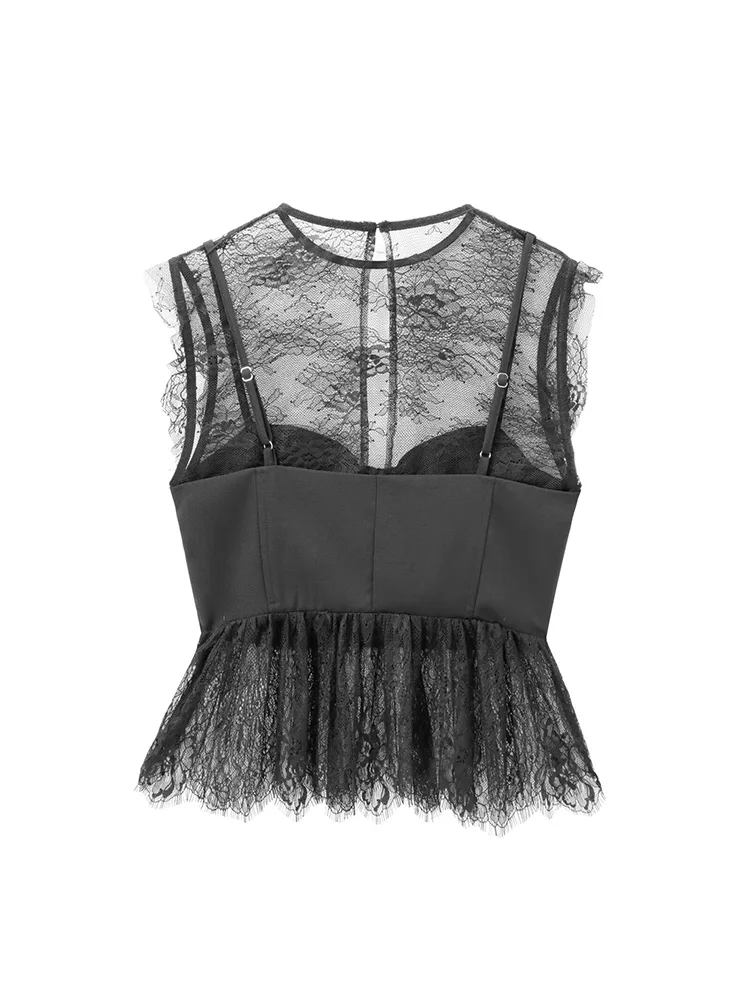 2024 autumn new sleeveless round neck satin texture stitching translucent lace short top for women