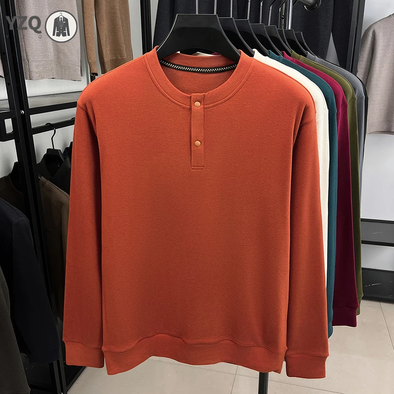 Warm Brushed Knit Henley Long Sleeve Top For Males Crew Neck Half Button Loose Cut Street Style Apparel - view 5