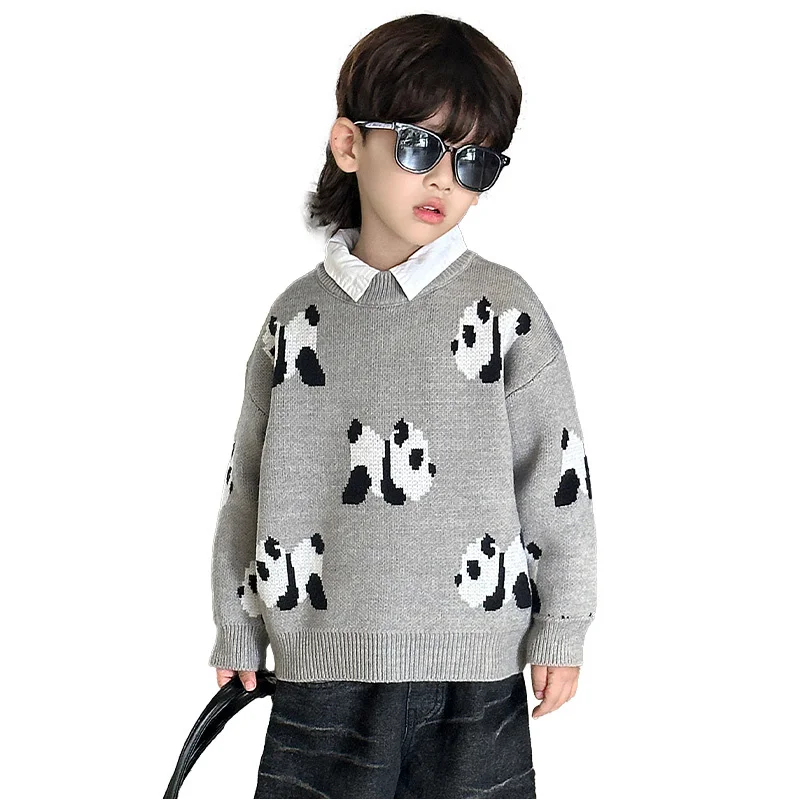 

Korean Cute Child Panda Sweaters With Cartoon Prints Knitwear Boys Gray Color Panda Costume Kids Knit Clothes Age 2 3 5 7 9 11 Y