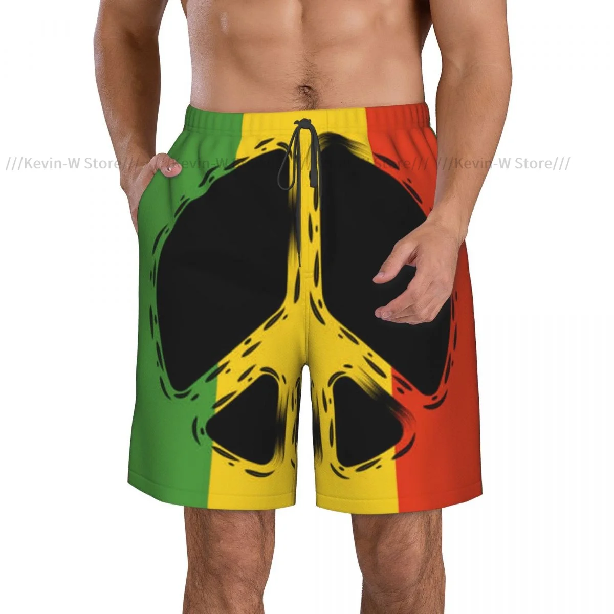 Summer Men's Swimwear Shorts Rasta Flag With Peace Symbol Background Beachwear Swim Trunks Men Swimsuit