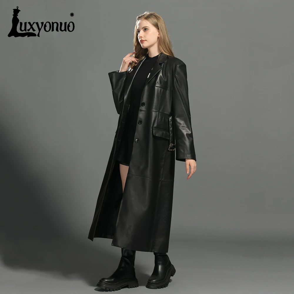 Luxyonuo-abrigo de piel auténtica para mujer, chaquetas largas clásicas de piel de oveja con cinturón, Color negro, otoño