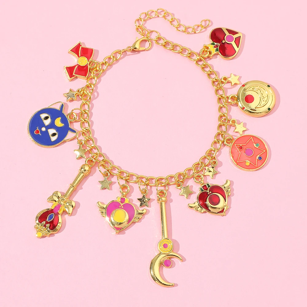 Sailor Moon Charm Bracelet, Gold Plated Anime Cosplay Bracelet with Luna Cat, Moon Pendants Cartoon Jewelry Gift for Fans
