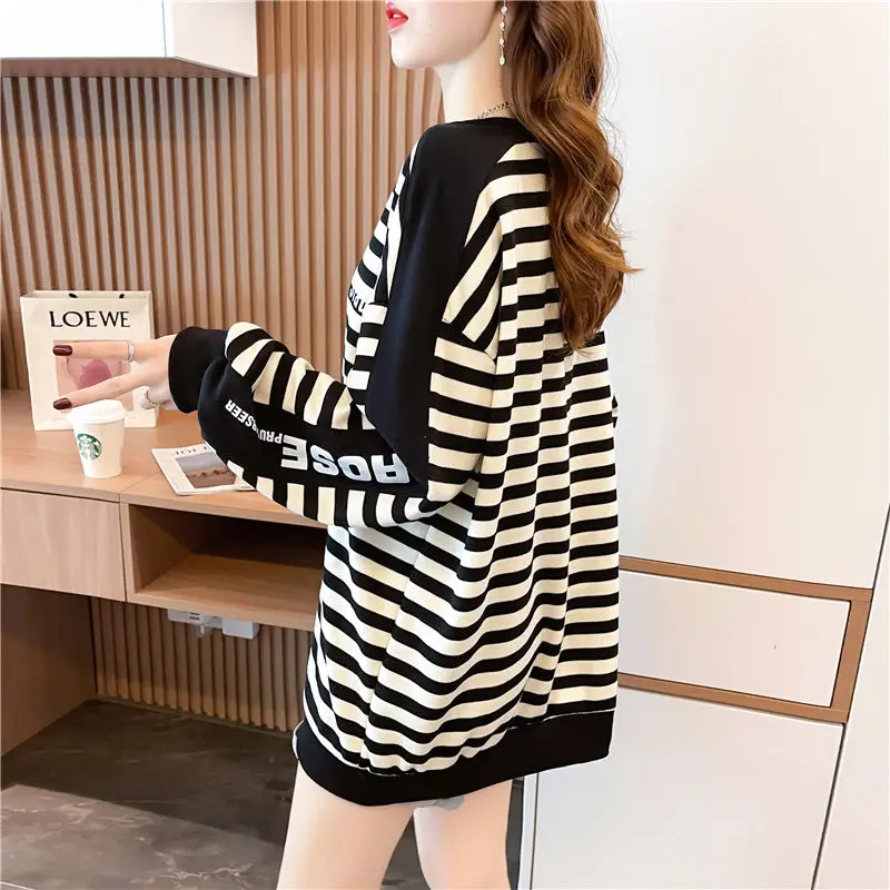 Loose Pullovers Black Striped Warm Women\'s Sweatshirts Long Cold Baggy Thick Autumn and Winter Female Top Aesthetic Coat New In