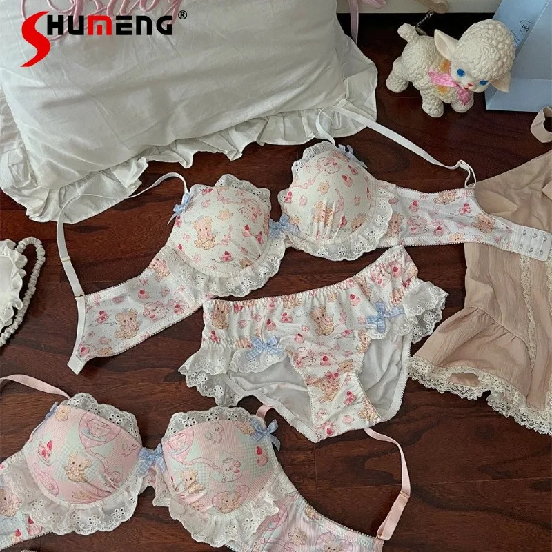 

Patchwork Cute Sweet Intimates for Ladies Japanese Lolita Lace Wireless Bra Set Women's Street Wear Push Up Underwear Suits