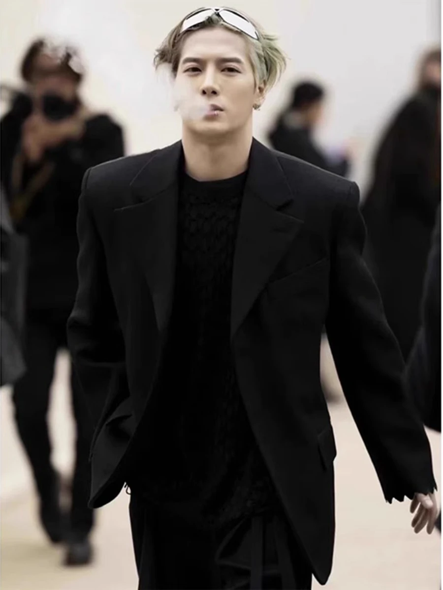 

Casual Bla Suit Jaet for Men Korean Sle Haome DK orm Clothes Model Youth ular Polyester Fiber Stand Fit