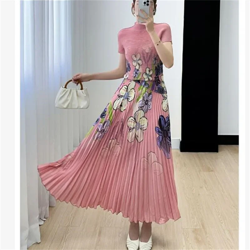 Women Summer Elegant Printed Short Sleeve Top +High Waist Pleated A-line Skirts Dress Sets Two Piece Set 2024 New Outfits