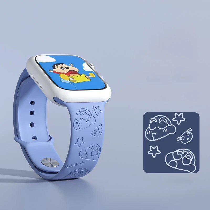 Силиконовый ремешок с гравировкой Crayon Shin Chan для Apple Watch Series SE 1-10, милый мультяшный ремешок для часов, сменный браслет, подарки