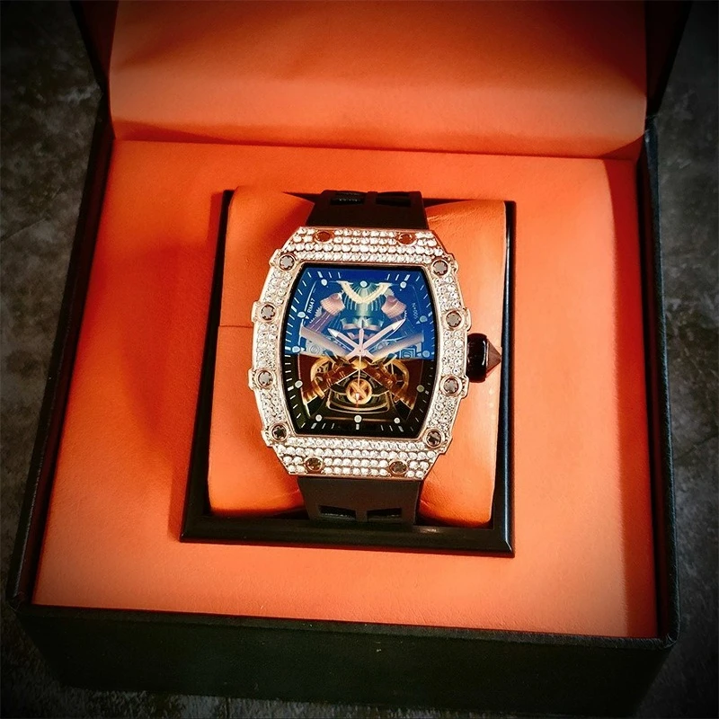 New arrival diamond-studded wine barrel-shaped quartz watch for men cut out black warrior series dial fashionmen watch