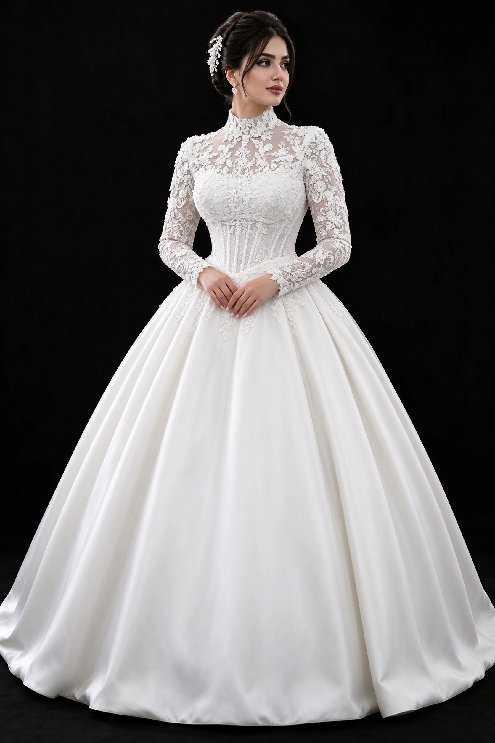 Vintage High Neck Long Sleeve Lace Satin Wedding Dress Ball Gown Bridal Gown Illusion Back Custom Plus Size Vestidos De Novia