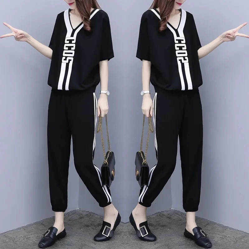 2022 New Summer V-Neck T-Shirt Casual Elastic Waist Sports Pant Suit Female Loose Size 3XL Fashion Two-Piece Sets White