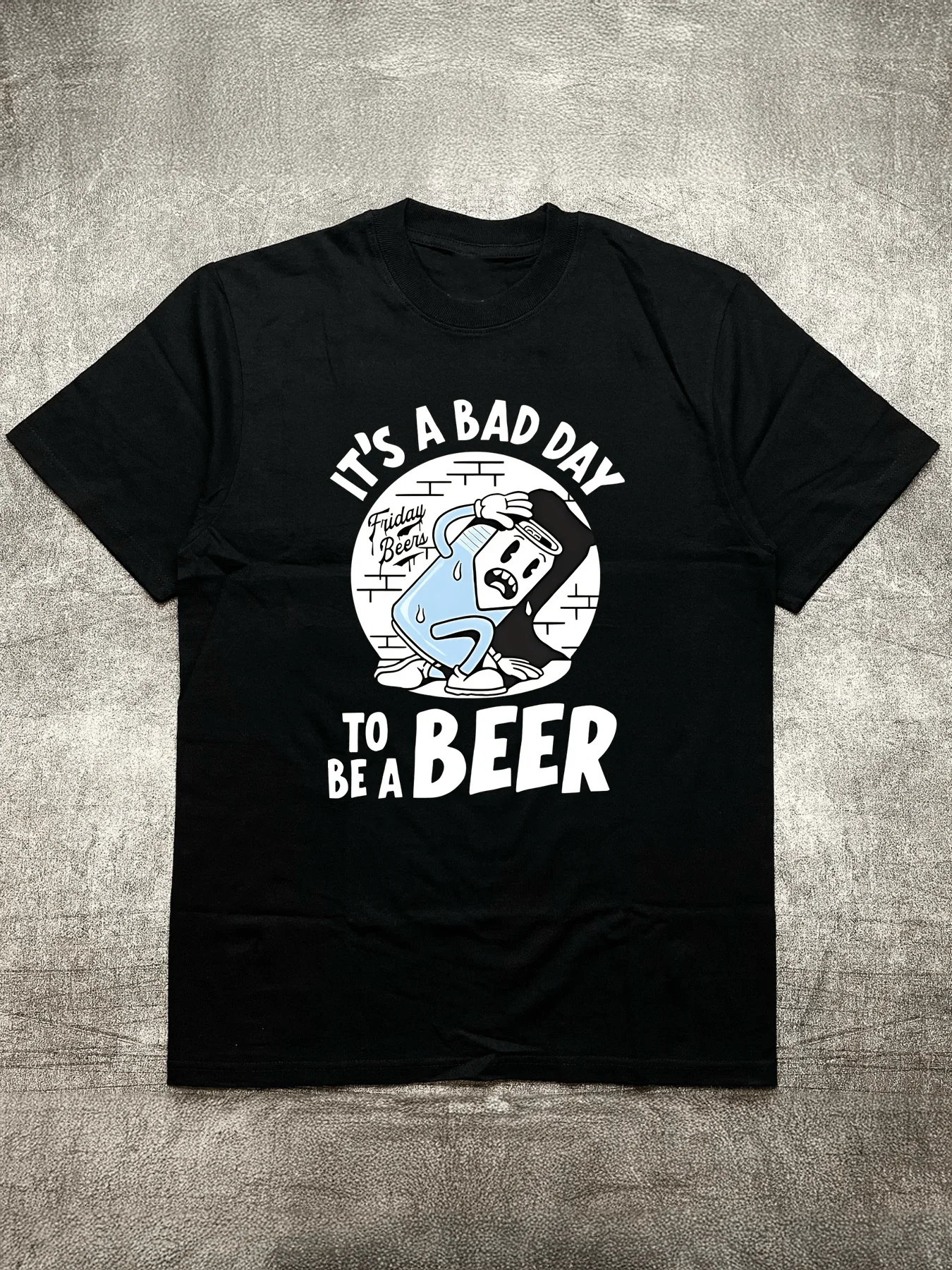 

Men's Black Crew - Neck Short - Sleeve Cotton T - Shirt (200g) with Fun Beer-Themed Heat - Transfer Print