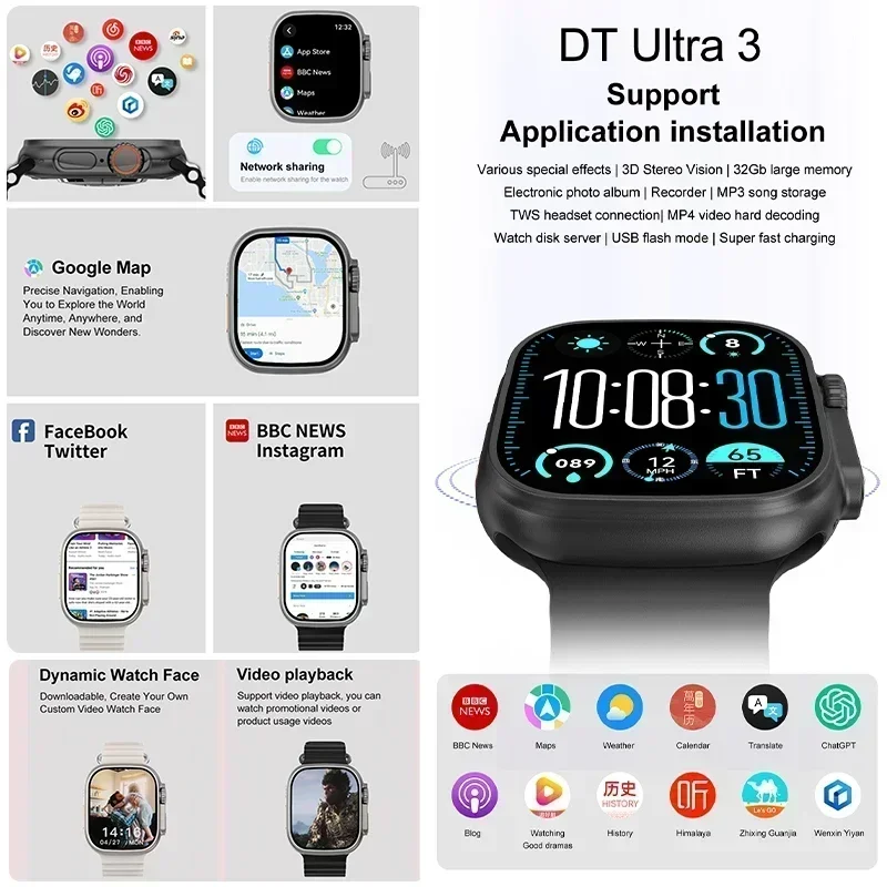 2025 جديد DT Ultra 3 Pro Google GPS 32G ذاكرة ساعة ذكية موسيقى فيديو NFC بلوتوث دعوة مقاوم للماء ساعة ذكية لنظام أندرويد iOS