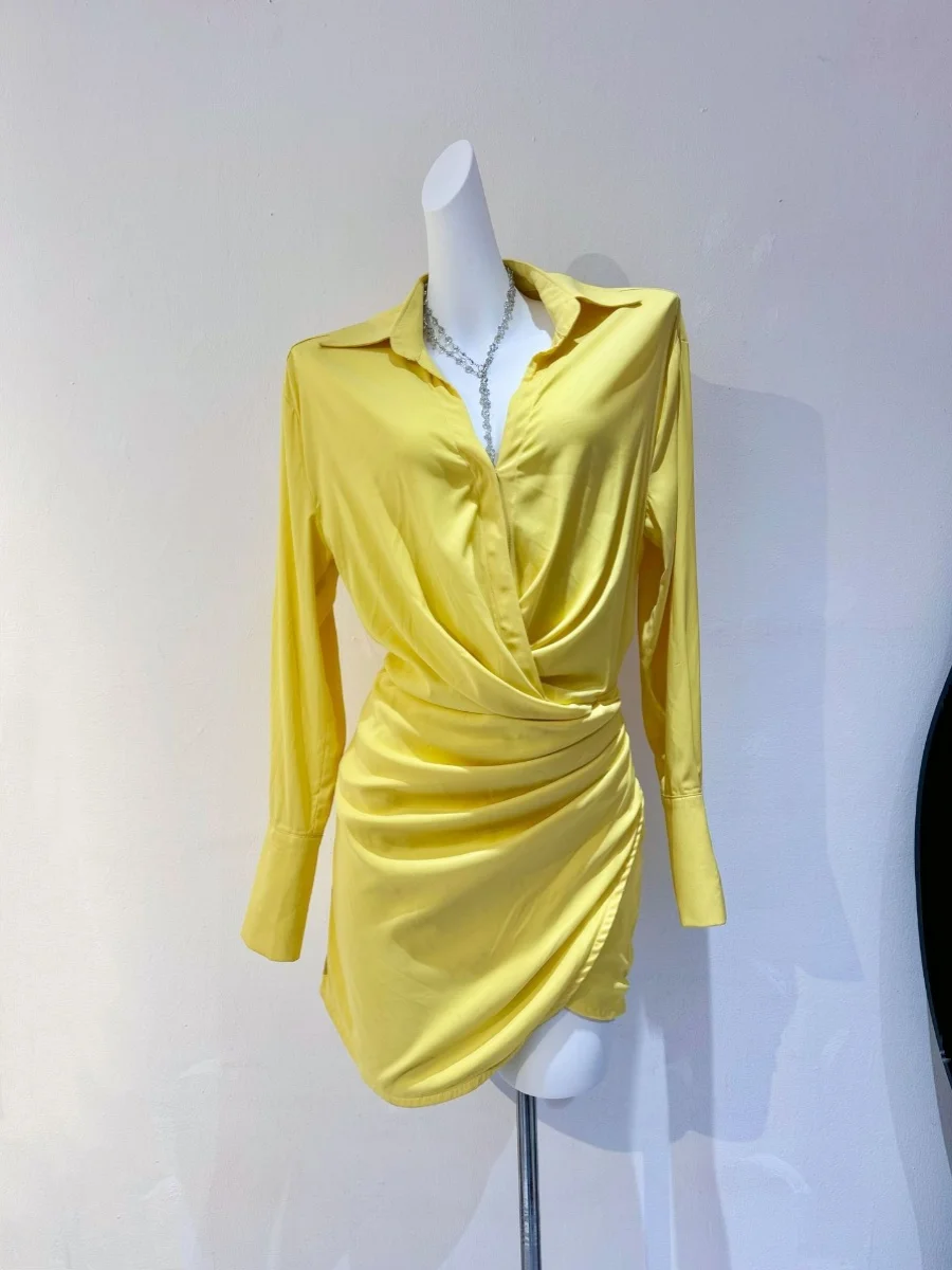 

2024 Сексуальное шелковое платье с глубоким V-образным вырезом, на пуговицах, с запахом, короткое, женское, элегантное, с длинными рукавами, V-образный вырез, моноколор