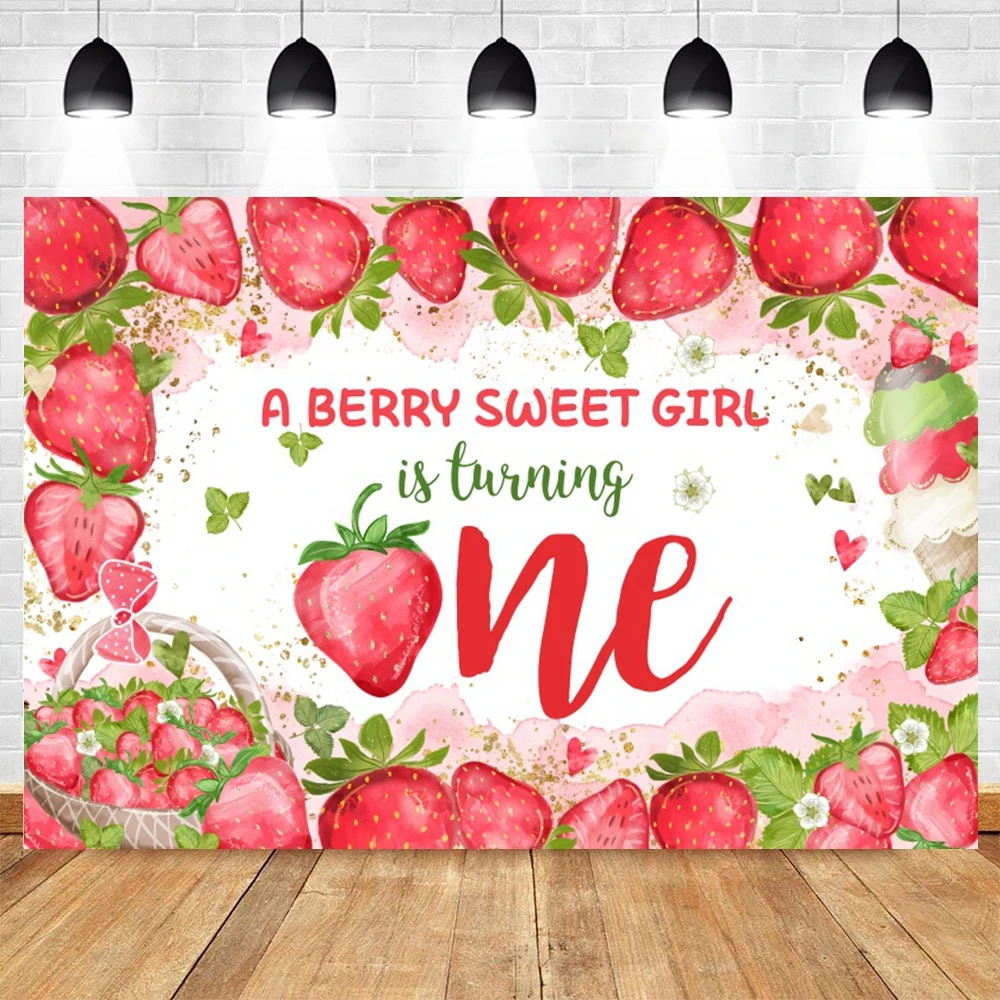 ธีมสตรอเบอร์รี่ฉากหลังปาร์ตี้วันเกิดสาวหวานตกแต่งวันเกิดครั้งแรกของทารกแรกเกิดถ่ายภาพพื้นหลังสตูดิโอถ่ายภาพ