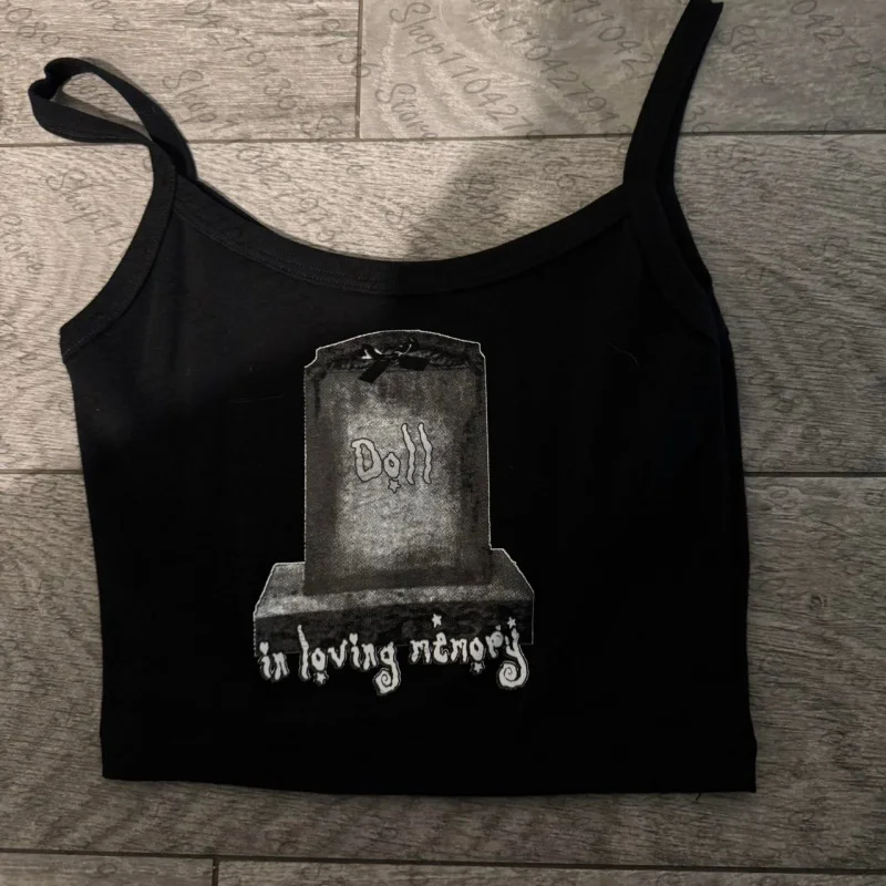 Y2k الرسومات الجمالية طباعة الملابس خمر الشرير القوطية بروتيل الأعلى الجرونج الطفل المحملة المرأة مشد ايمو فتاة تانك القمم المحاصيل الأعلى