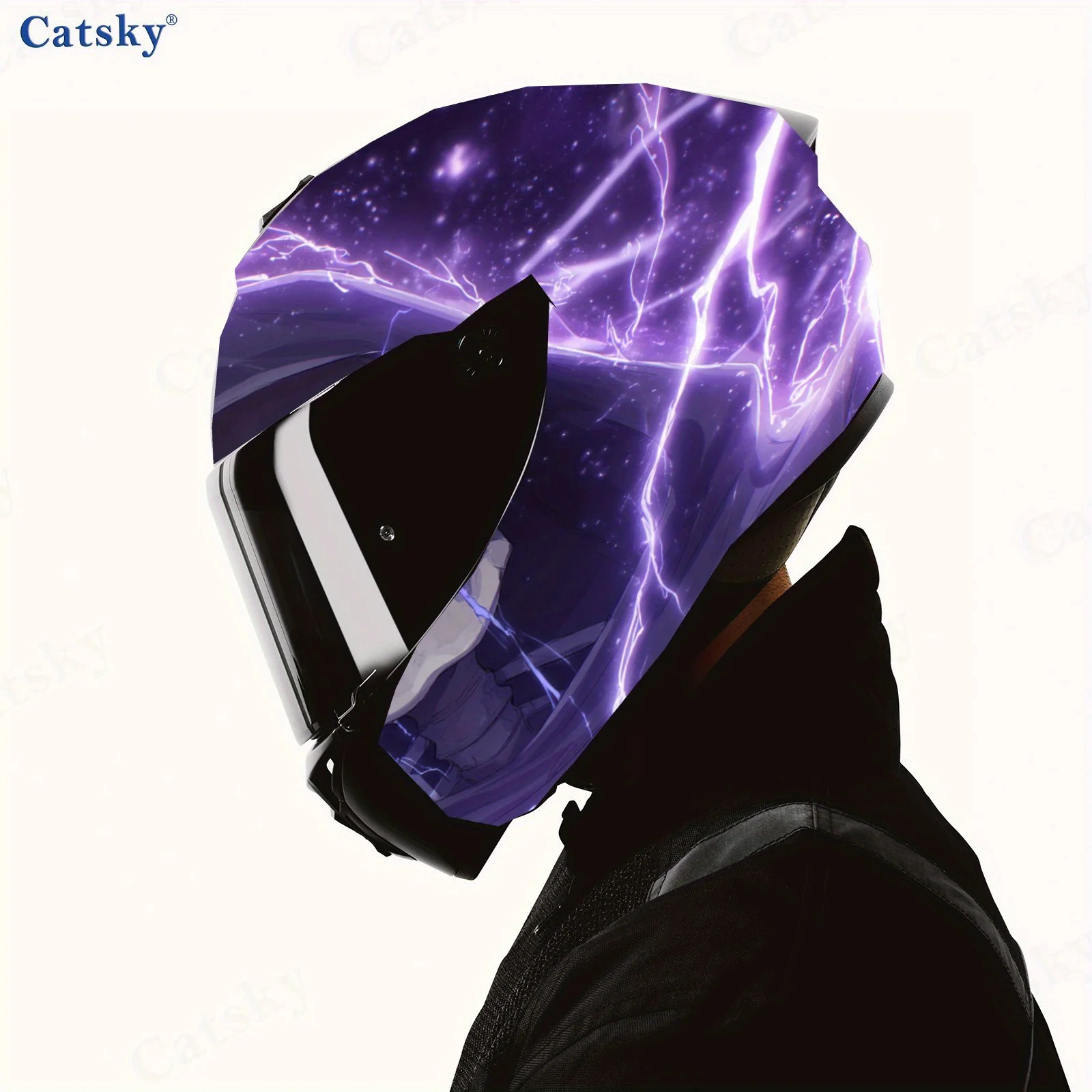 Purple Lightning Skull Full Face Helmet Vinyl Wrap Sticker, Waterproof Scratch-Resistant Self-Adhesive PVC Decals, Artistic Aest view 4