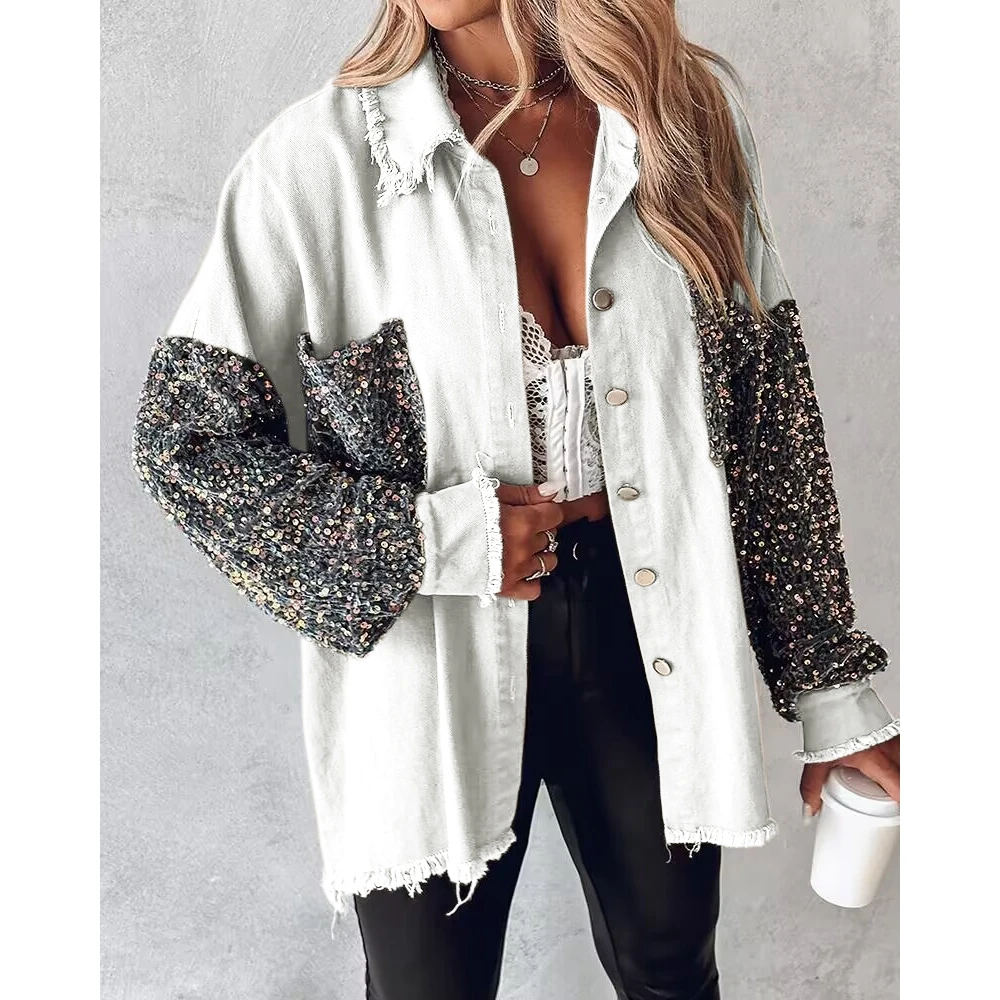 

Women's Contrast Sequin Long Sleeve Shacket Coat, Casual Pocket Design, Wide Waisted Raw Hem Jacket, Lady Daily Outfits, Autumn