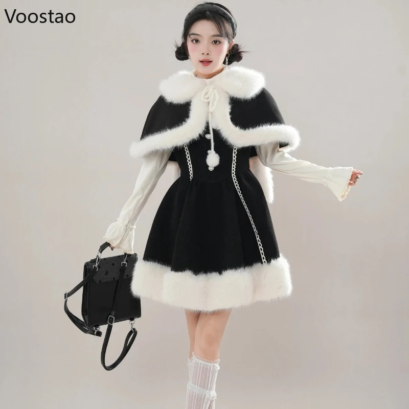 Autunno Inverno Dolce Lolita 3 Pezzi Set Donne Kawaii Peluche Coniglietto Orecchio Mantello Cappotto Sottile Mini Abiti Stile Coreano Femminile Y2k Vestito