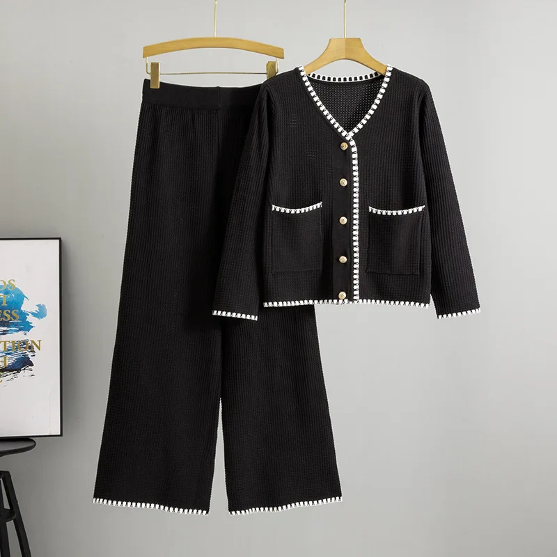 

Korean New Autumn Knit Two Piece Set Women Solid Long Sleeve Cardigan Coat Wide Leg Pant Suits Casual Tracksuit Women Sets B629