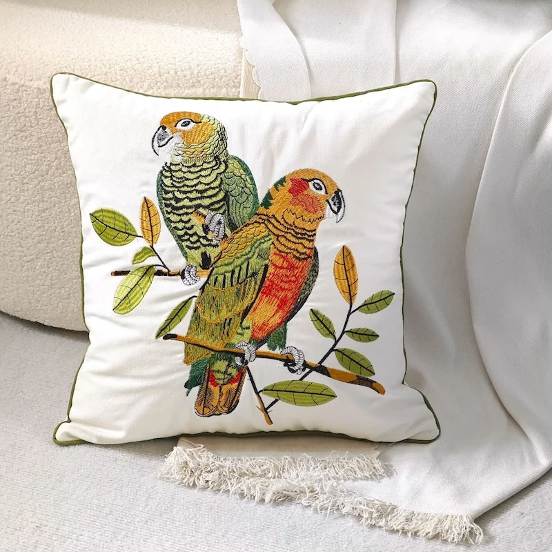 Parrot Embroidery Pillows Country Style Flora Cushion Case Plants Decorative Pillow Cover For Sofa Chair Home Decorations