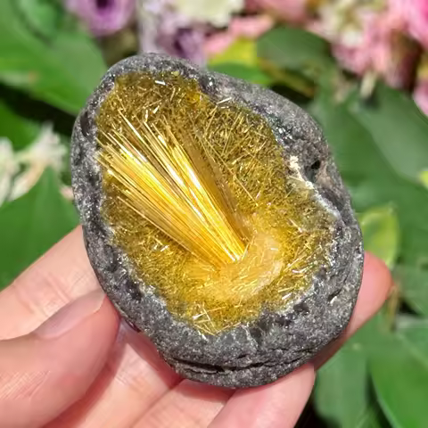 One original yellow magnetite-quartz aggregate, rough stone egg mineral specimen, anthocyanin-copper-encased aggregate