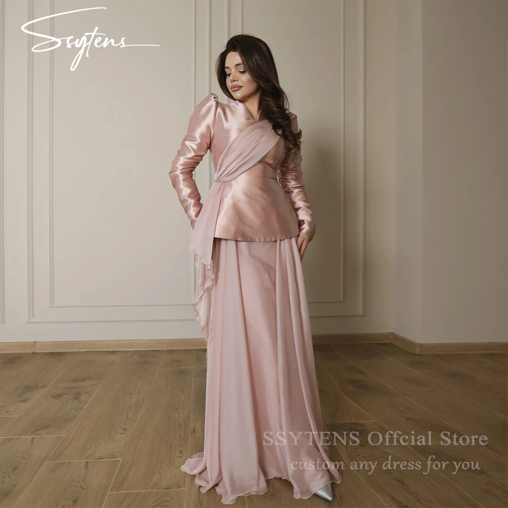

SSYTENS Satin Chiffon Saudi Evening Dresses for Women V Neck A Line Vestido De Noche Long Sleeves Robe Soirée Femme Customized