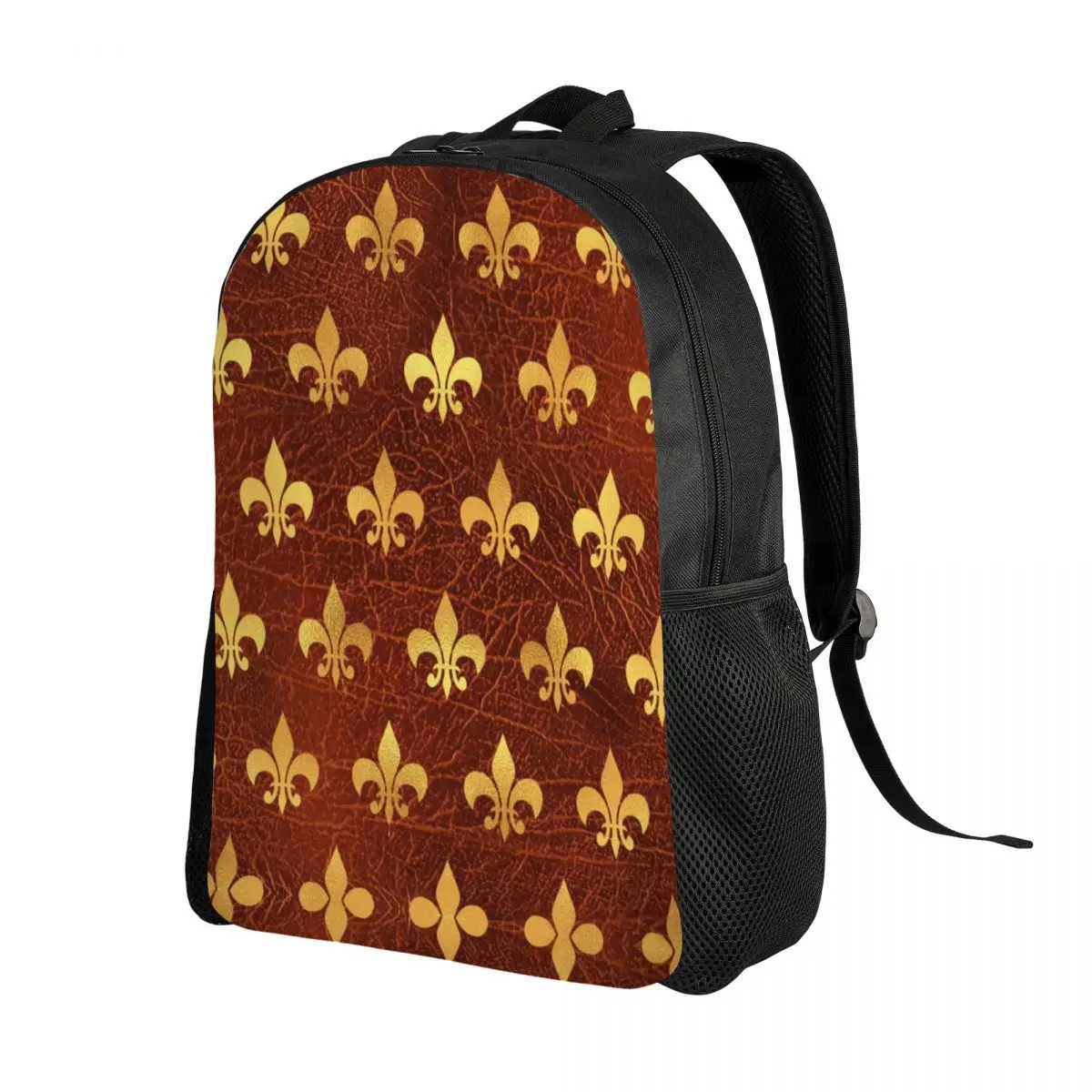 Royal Gold Brown Leather Fleur De Lis Backpacks for Women Men Waterproof School College Lily Flower Bag Printing Bookbag