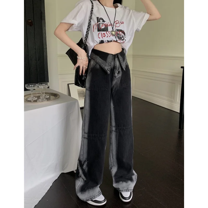 Zwarte Damesjeans Gradiënt Streetwear Vintage Fashion Y 2K Hoge Taille Wijde Spijkerbroek Dames Hiphop Baggy Denim Broek