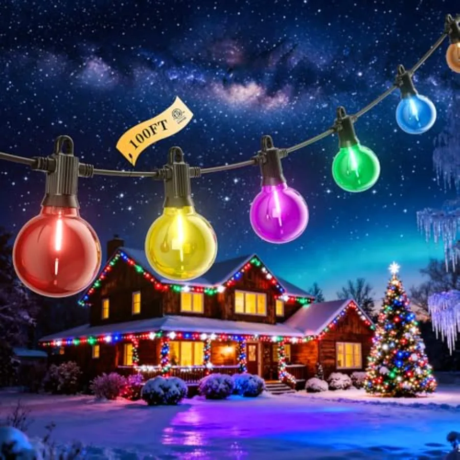 

Christmas Outdoor String Lights 100Feet Colored Patio Lights Shatterproof Dimmable Hanging Light with 50 LED G40 Bulbs Waterpro