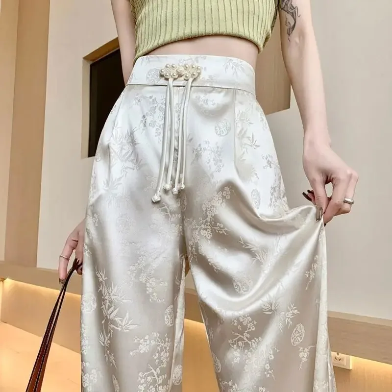 Women Summer Thin Ice Silk Flower Pants Lace Up Cool  Korean Style Y2k Pants New Satin Straight Pants