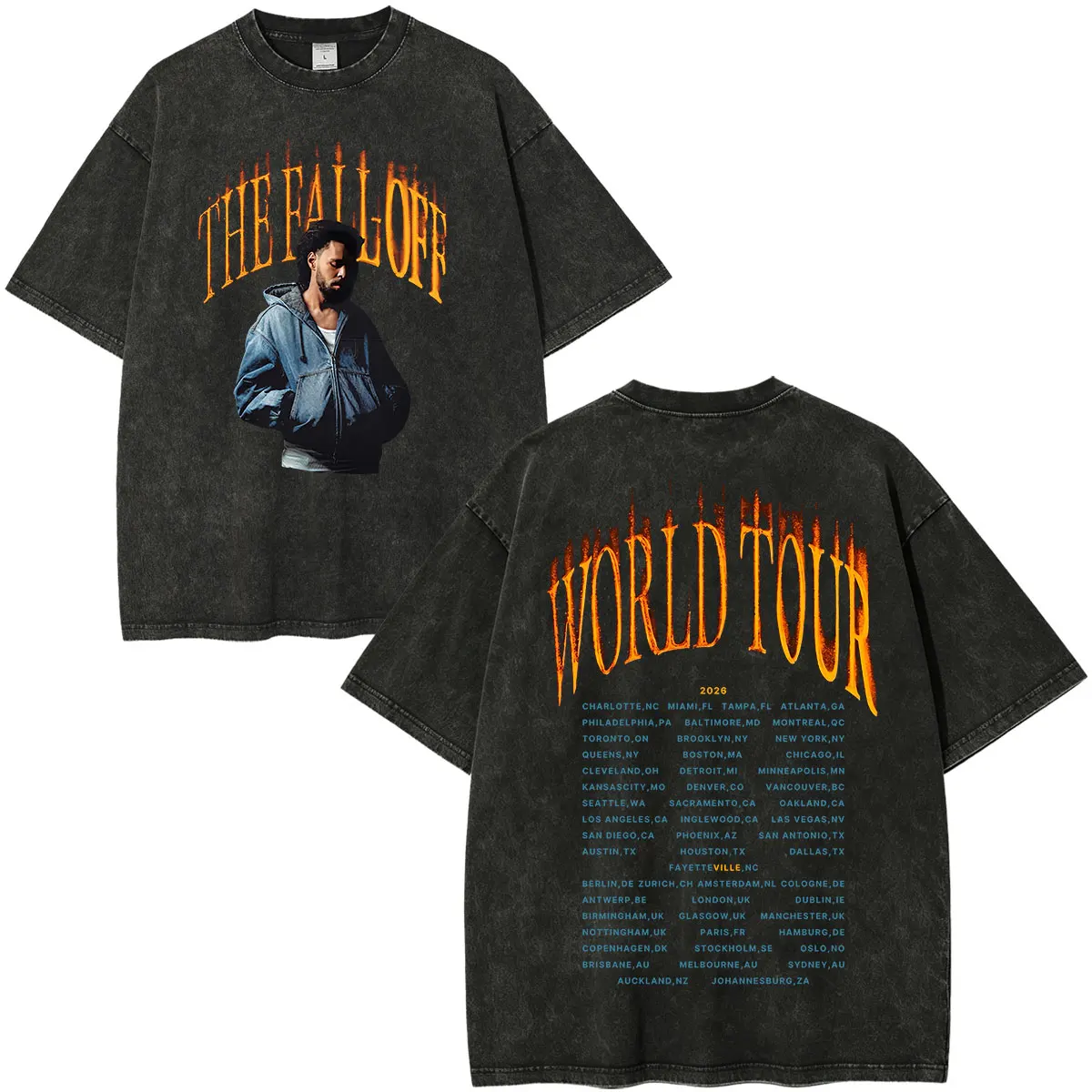 Rapper J.Cole The Fall Off World Tour 2026 Vintage Washed T Shirt Men's Women Clothing Hip Hop Fashion Gothic Oversized T-shirt