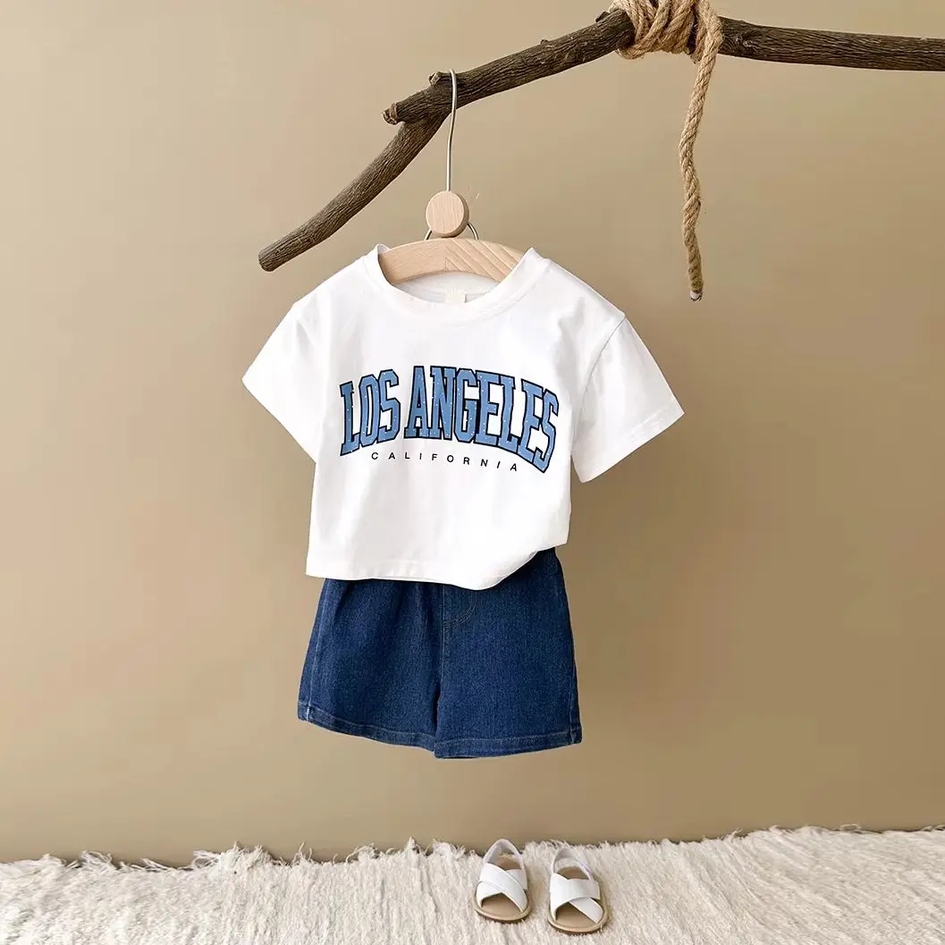 Summer Newborn Baby Clothes 2PCS Boys Clothes Girls Outfit Set Toddler Letter Printed Short Sleeved T-Shirt+Denim Shorts