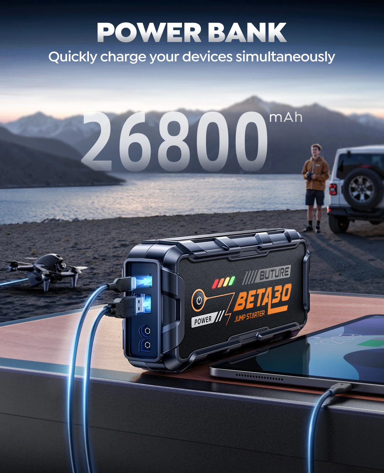 BUTURE 6000A Rozruchowywacz Samochodowy Power Bank 18W Przenośna Bateria 26800 mAh Awaryjne Uruchamianie Samochodów BETA30 — zdjęcie 3