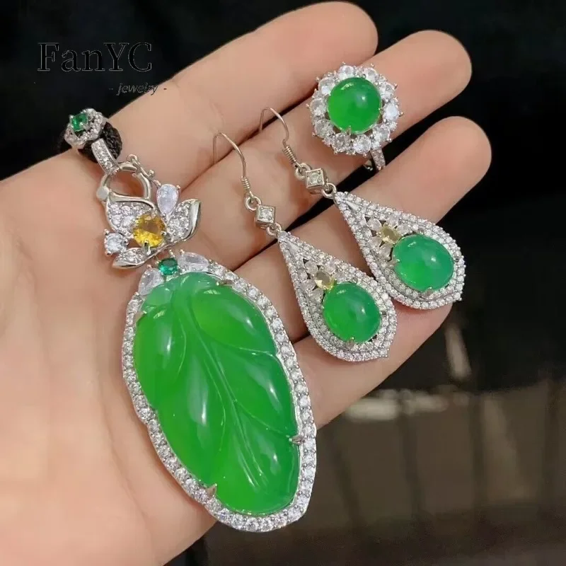 Natural Agate Pendant Earrings Ring Jade Three-piece Silver-plated Inlaid Exquisite Fashion Chalcedony Set Ladies Gift