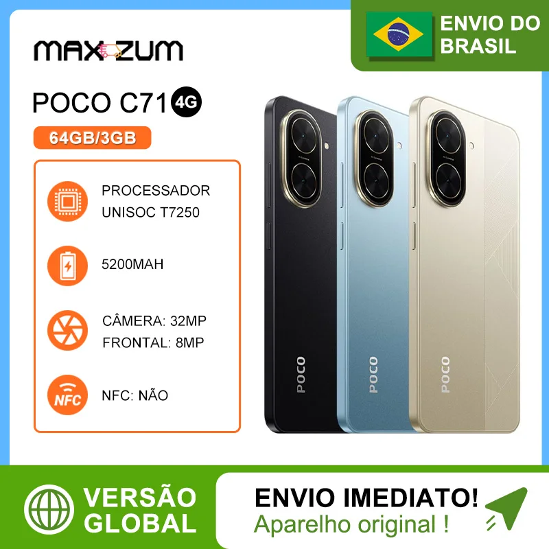Poco C71 4G 64GB+3GB RAM, Processador UNISOC T7250, Câmera 32 MP, Versão Global , Bateria 5200mAh 