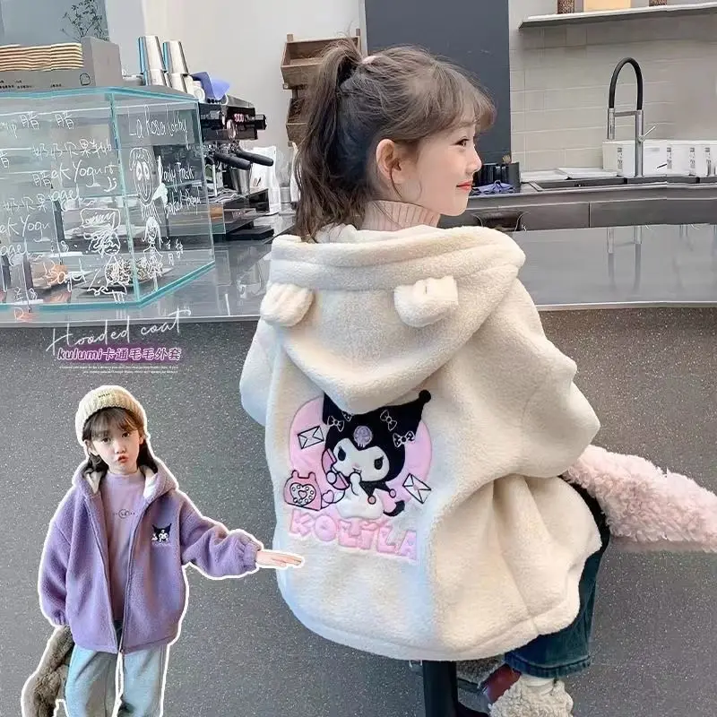 

Sanrio Kuromi Girl Hooded Coat Autumn Winter Thicken Anime Cotton Coat Fashion Kawaii Sherpa Keep Warm Child Embroidery Jacket