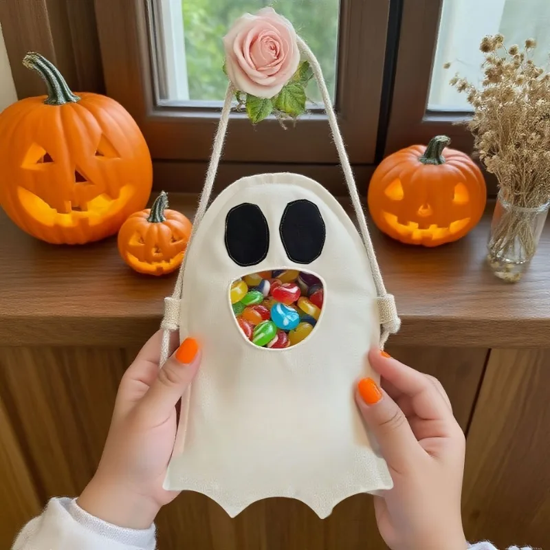 Halloween Ghost Bag Diy Kids Trick or Treat Candy Collecting Storage Pouch Holiday Goodie Sack for Party Favor Tote Organizer