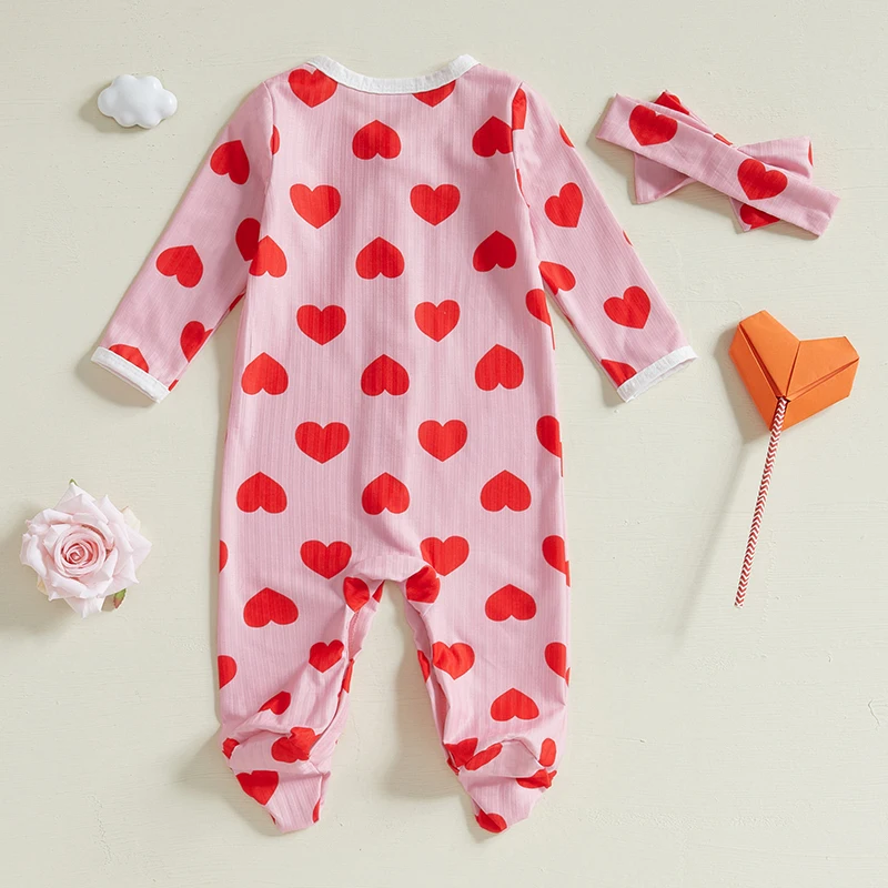 Baby Girls Footies Rompers Valentine's Day Clothes Heart Print Long Sleeve Spring Bodysuits with Headband