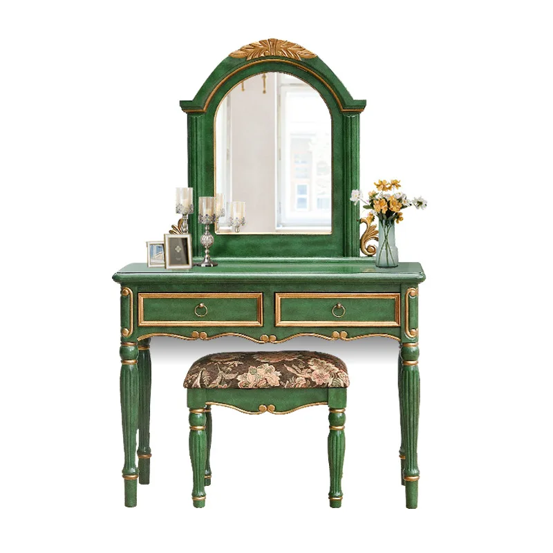 

European dresser, solid wood simple luxury American country makeup table stool retro with mirror emerald 1 meter wide