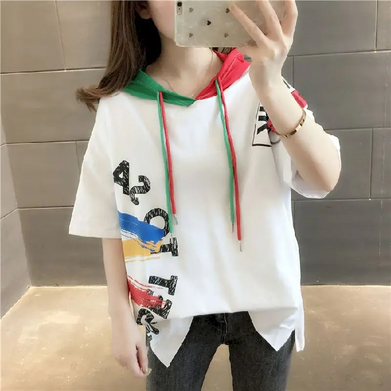 Hooded Short-sleeved T-shirt Women 2024 Spring Summer New Fashion Womens Tops Loose Color Matching Graffiti Half-sleeved T Shirt