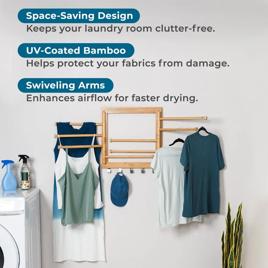 Bamboo Swivel Wall Mount Drying Rack Versatile Clothes Drying Rack and Durable Laundry Rack, Wall Drying Rack for Indoor Outdoor