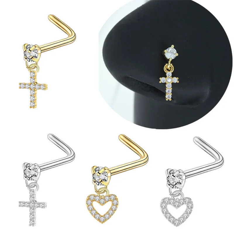 Piercing de nariz de acero inoxidable para mujer, joyería corporal con tachuelas en forma de L, joyería de nariz inoxíble