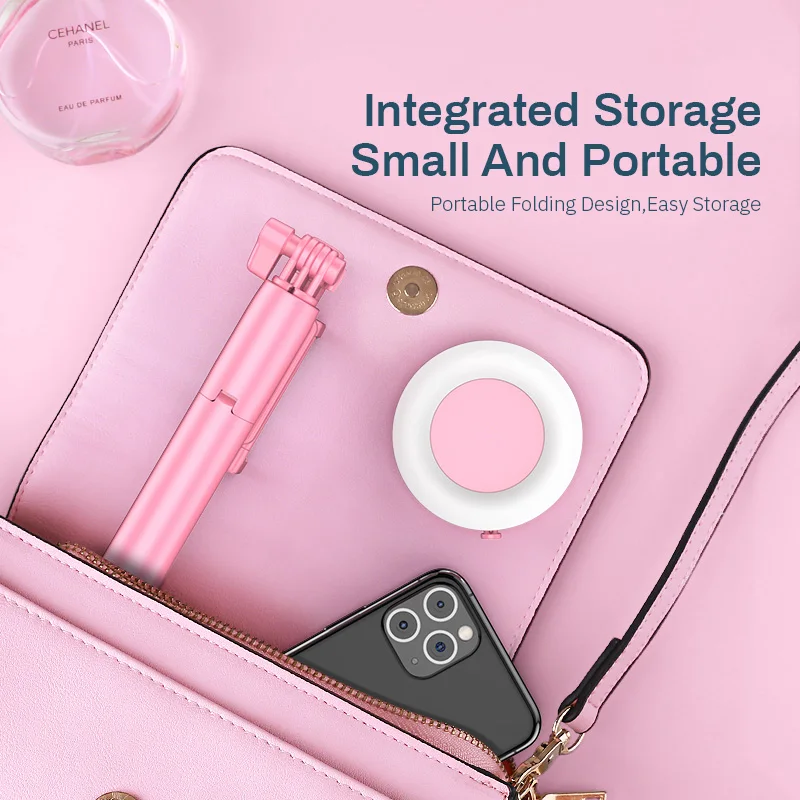 Ledライトリング付きbluetoothワイヤレス自撮り棒,折りたたみ式一脚,iphone,android,ライブ用,三脚付き