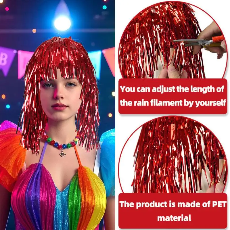 

Блестящий парик с мишурой, металлическая маскарадная шляпа для дискотеки, парики с мишурой из фольги для взрослых, нарядное платье, вечерние реквизит для фотосессии, принадлежности для косплея