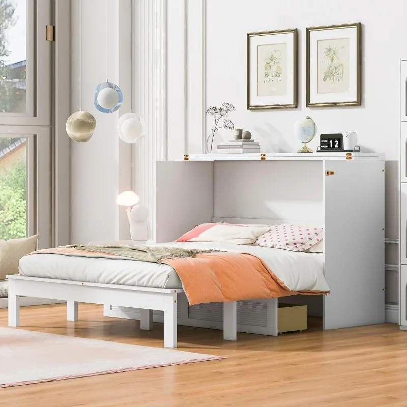 Apartmanlar, Yatak Odaları, Masif Çam Murphy Karyola için Şarj İstasyonu ve Büyük Depolama Çekmecesi ile Murphy Yatak Kraliçe Boyutu