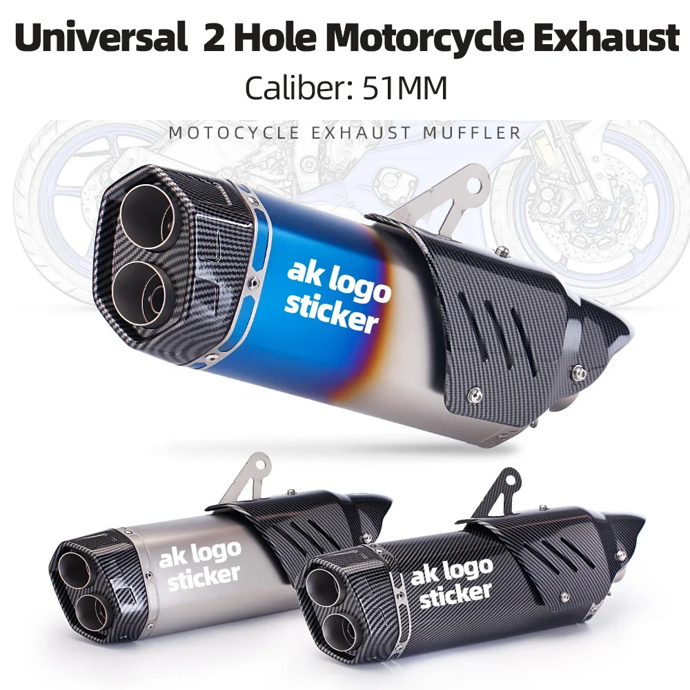 

51MM Universal 2hole Motorcycle ak Exhaust Muffler With Cover for TMAX530 NINJA400 CB400 RC390 ETC Exhaust Escape Modified Parts