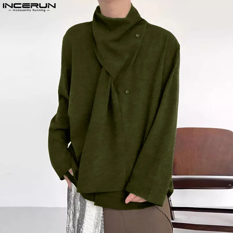 

2024 Men Casual Long Sleeve Shirts INCERUN Solid Color Tops Elegant Korean Fashion Tees Vintage Style Button Loose Streetwear