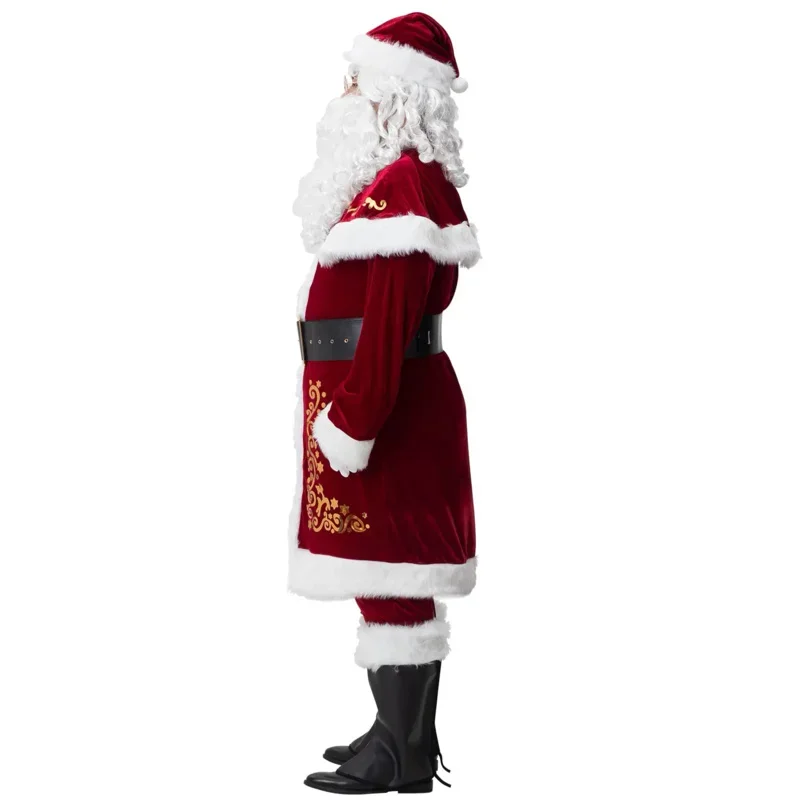 Disfraz de Papá Noel para hombre, traje de Navidad de terciopelo rojo de lujo, traje de Navidad de gran tamaño para adulto, disfraz de Cosplay para fiesta navideña