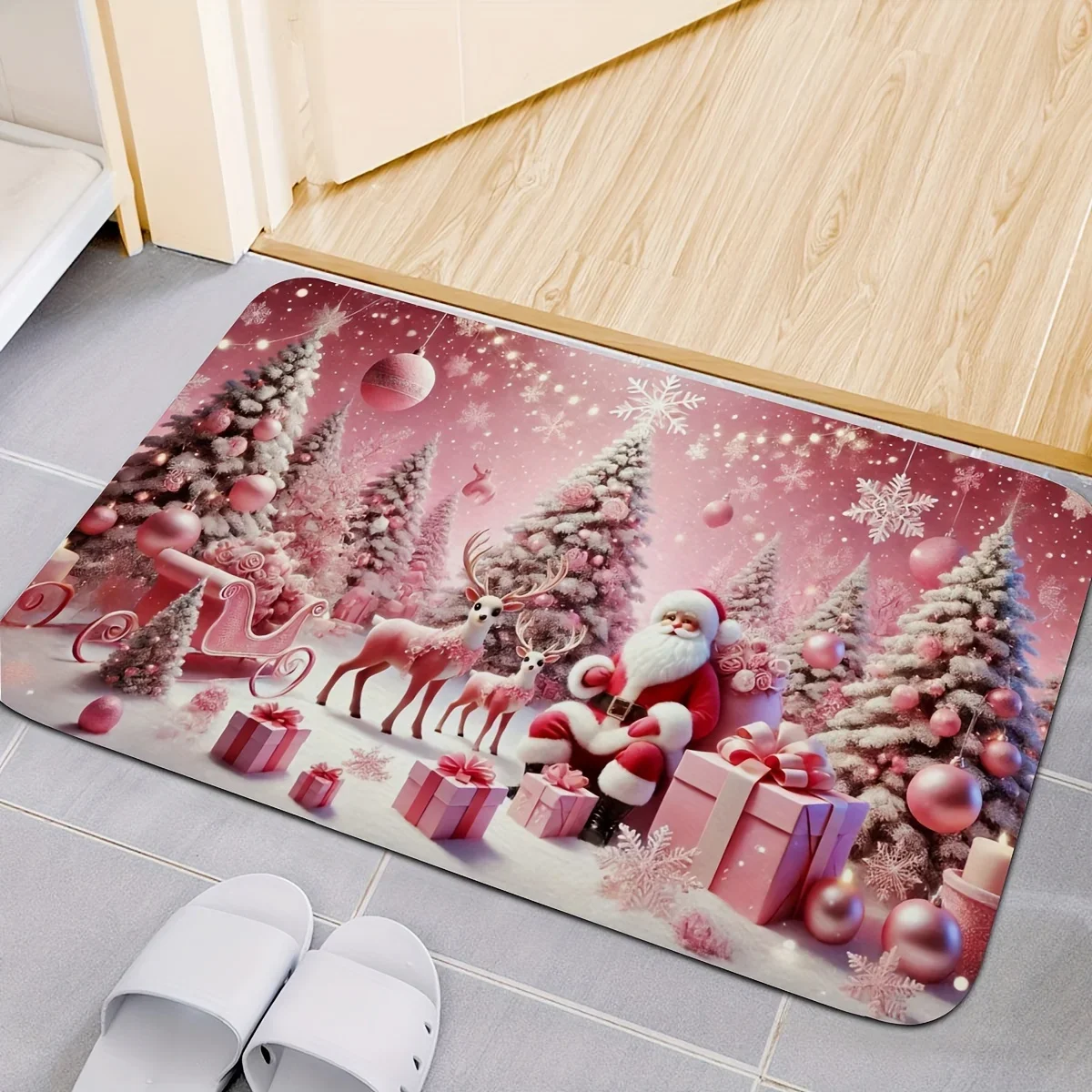 Pink Christmas World Non-Slip Floor Mat Baby's Room Bedroom Rug Living Room Balcony Hallway Bathroom Carpet for Xmas Decorations